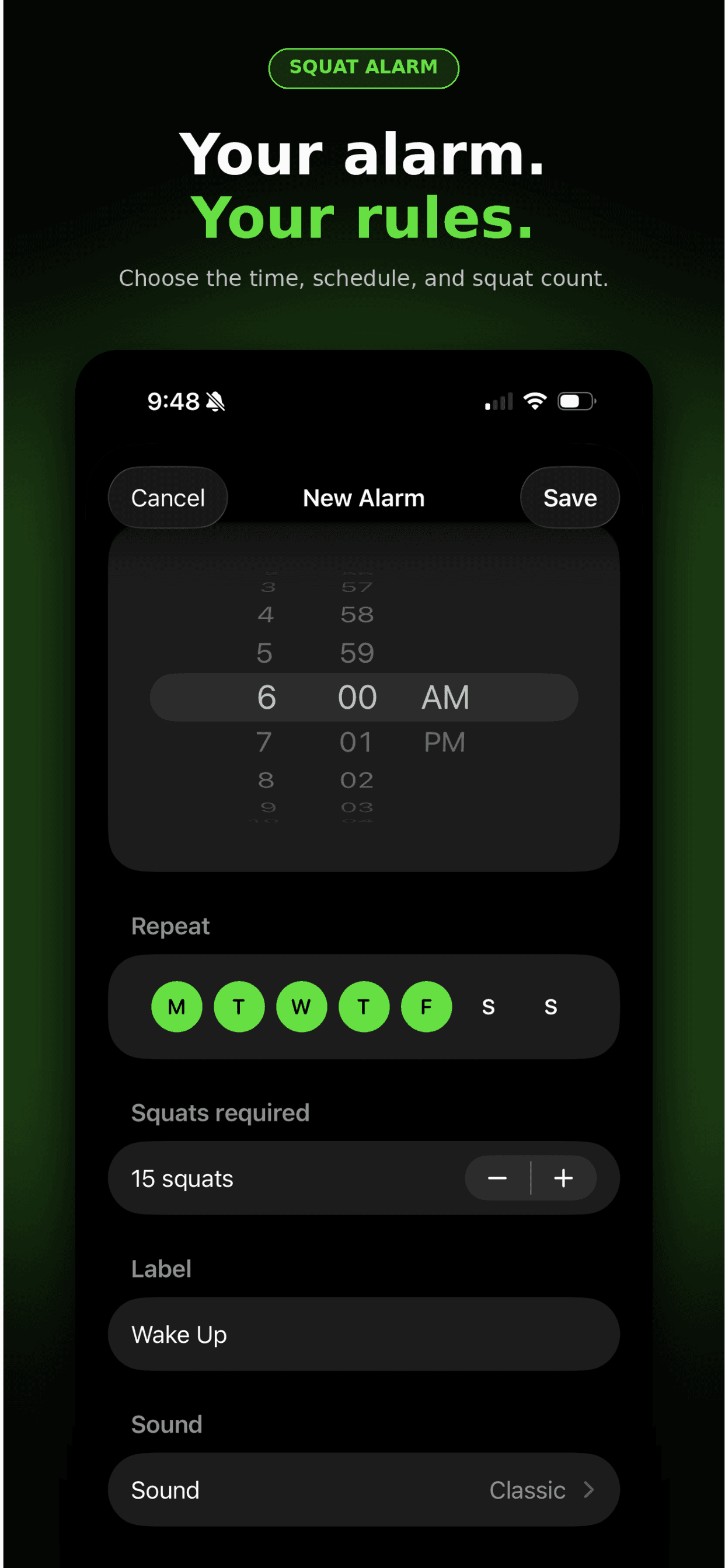 Creating a new alarm with a squat count in Squat Alarm