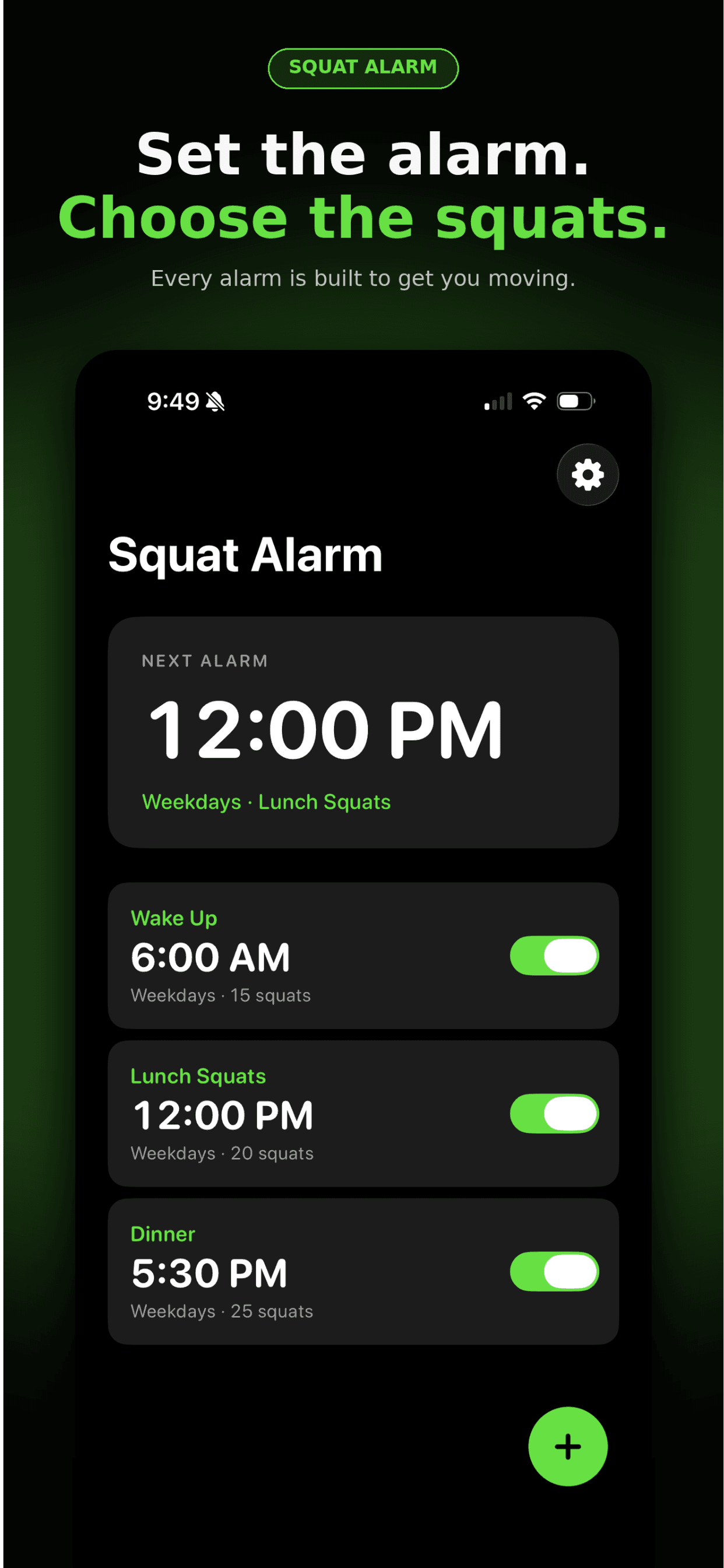 Squat Alarm list showing three scheduled alarms